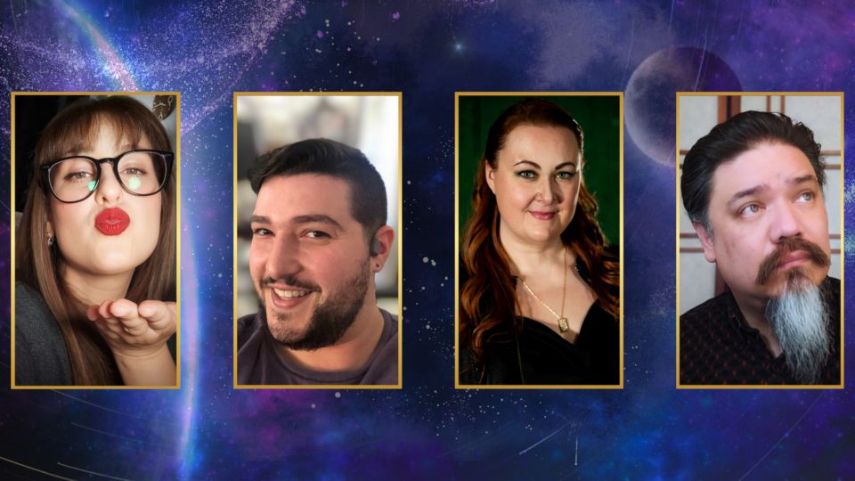 An image featuring the cast of players from "Beyond the Stellar Veil" DnD Actual Play. From left to right:

Jess is femme presenting with long brown hair, bangs, glasses and red lipstick, blowing a kiss towards the camera.

David is masc presenting, smiling as he looks directly at the camera. He has short hair and a short beard and mustache.

Katie is femme presenting with long red hair pulled back from her face and cascading in waves down her shoulders.

Danny is masc presenting with a long white goatee and brown mustache, short hair and he is looking up and to his left.