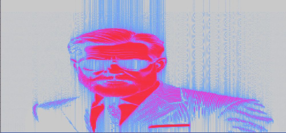 Color spectrum view of Programmed Man in suit with sunglasses