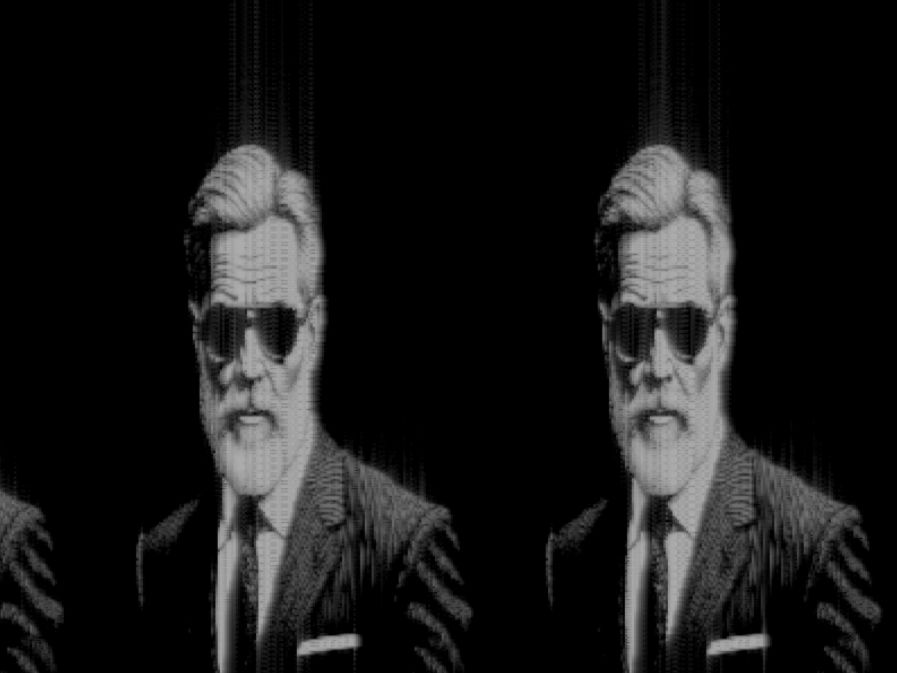 Black and white spectrum view of Programmed Man in suit with sunglasses