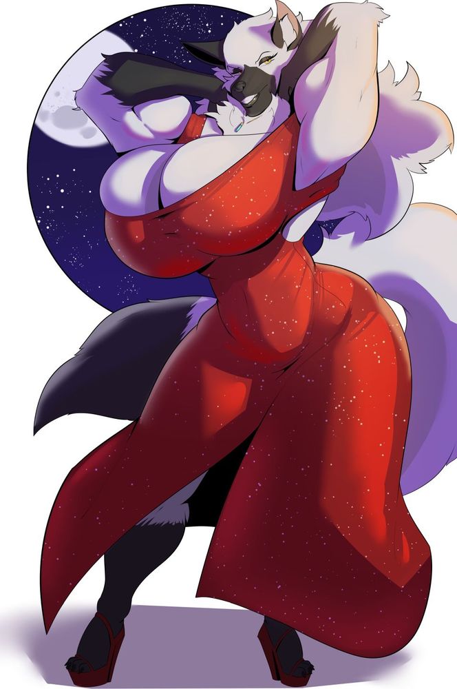 The female wolf Iridium, wearing a sparkly red evening dress and red heels.  She is quite busty here, and while clearly muscular, not too huge to overpower the dress.  She stands before a circular window showing stars and the Moon.  She is smiling at the viewer.