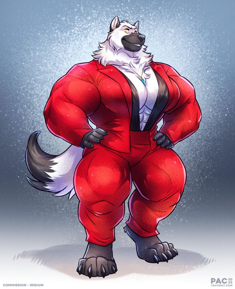 The female wolf Iridium, in a perfectly tailored red suit that is just barely large enough for her massive and powerful physique.  A slip of a black shirt can be seen, even though its neckline plunges so far as to disappear into her pants, putting an impressive amount of her cleavage and even her abs on display.  Her necklace rests deep in her cleavage as well.  She has a bright, confident expression, showing a hint of a smile while her hands are on her broad hips.