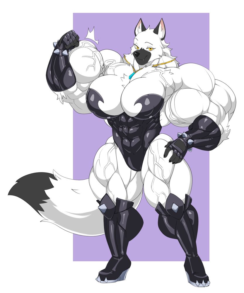 The female wolf Iridium, posing to show off her immense physique, one arm curled with a gigantic bicep.  She is wearing a tight one piece sleeveless black leather or latex suit over her abs and cupping her chest.  A pair of gloves of the same material, with spiked cuffs, adorns her hands.  A pair of heavy, powerful black boots with knee spikes and silver metal soles and toe spikes are cover her feet.  She is grinning at the viewer with a confident, no-nonsense expression.