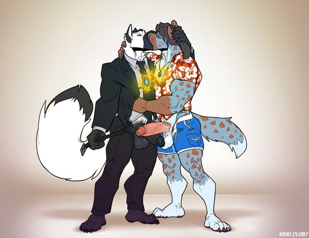 Male wolf Iridium in a business suit kisses male coyena Zephyrus who is in shorts and a flowery shirt.  Iridium's crystal pendant is reacting with Zephyrus's magic medallion.  The males have started to strip and their erections are out free and rubbing against one another, as are their balls.