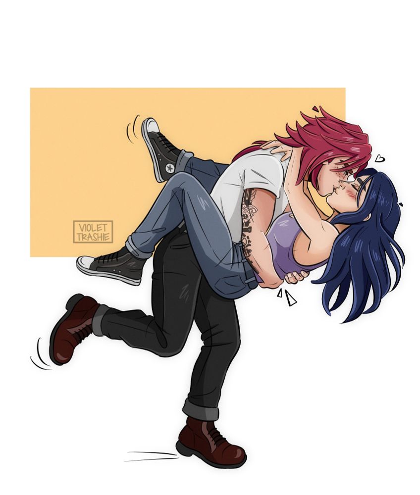 Vi wearing a short-sleeved shirt and jeans, holding Caitlyn in her arms. Caitlyn has her legs wrapped around Vi's waist as they kiss passionately. Motion lines indicate that Vi has just lifted her to kiss her