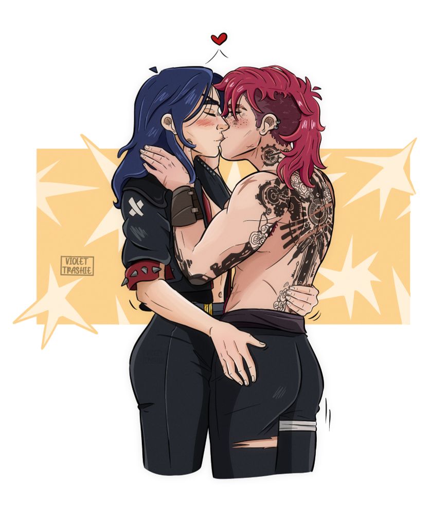 caitlyn with vi pit jacket kissing vi while she is not wearing a shirt and you can see all the back tattoos.