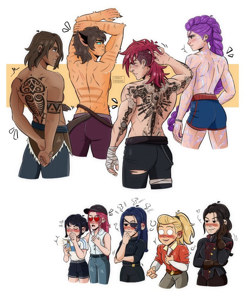 korra, catra, vi and rumi showing their back tattoos/marks and their muscles. In chibi style we got their panicked girlfriends: mira, zoey, caitlyn, adora y asami. 