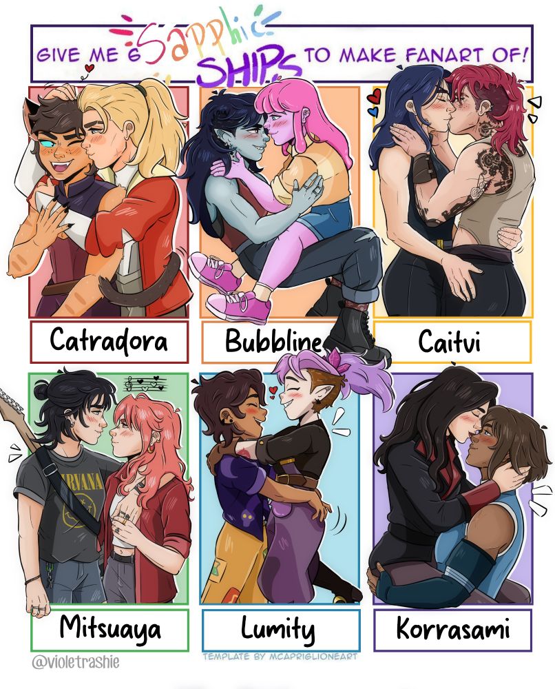 template of six images featuring sapphic couples, each one hugging or kissing their partner. from left to right: catradora, bubbline, caitvi, mitsuaya, lumity, and korrasami. each pair is set against a different color, together forming a rainbow.