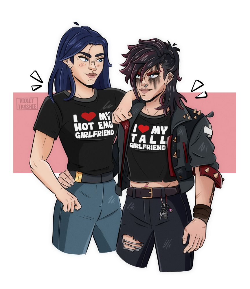 Fanart of Caitlyn and Vi from Arcane. Caitlyn is wearing a black T-shirt that says: 'I love my hot emo girlfriend,' and Vi is wearing one that says: 'I love my tall girlfriend.' Vi has her pit fighter era jacket, black hair, and emo-style facial markings. They are holding each other by the waist and smiling