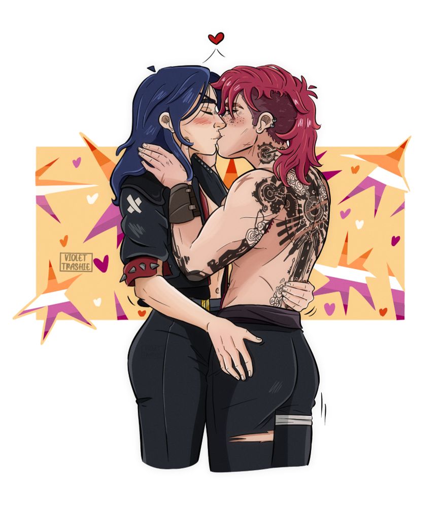 caitlyn with vi pit jacket kissing vi while she is not wearing a shirt and you can see all the back tattoos. In the background you can see stars with the lesbian flag