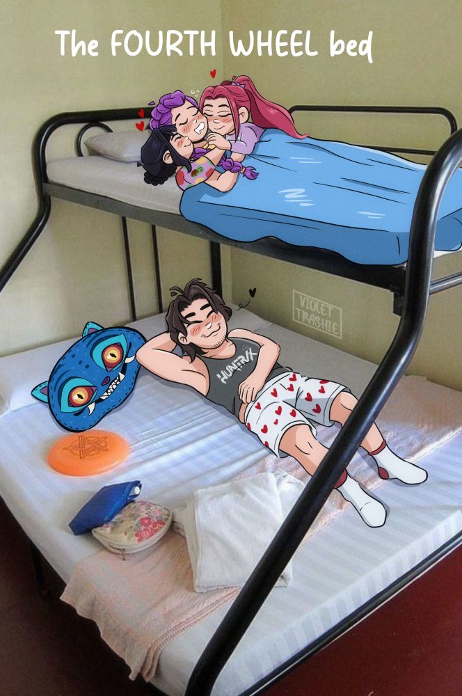 Image of a large bed with a small bed on top in bunk bed style. On the top bed, Rumi, Mira, and Zoey are sleeping snuggled up together. On the large bed below, Bobby is sleeping happily. The image has text that says: The fourth wheel's bed