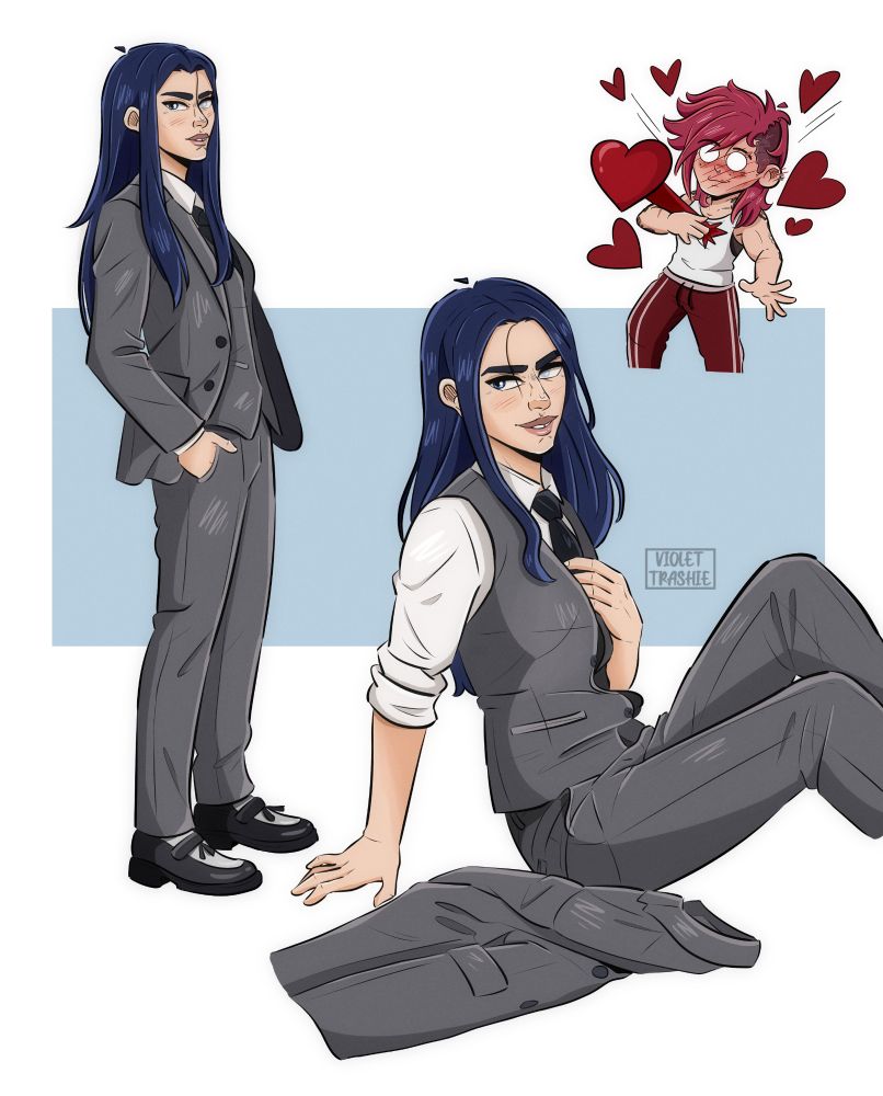 Fanart composition of Caitlyn wearing a gray suit with matching vest and tie. In one image, she stands in profile; in another, she sits leaning backward, adjusting her tie. Above, in chibi style, Vi looks smitten and lovestruck by the image (Caitlyn is a redraw of thai actress Mint)