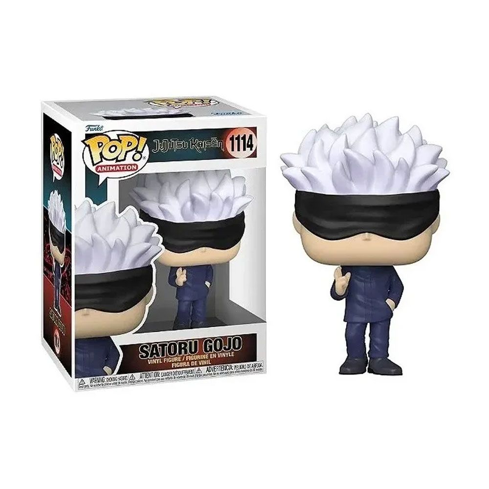Imagem com a caixa do boneco funko pop do personagem Satoru Gojo de Jujutsu Kaisen a esquerda e a direita uma imagem do boneco fora da caixa de frente com o visual de faixa preta no olhos 