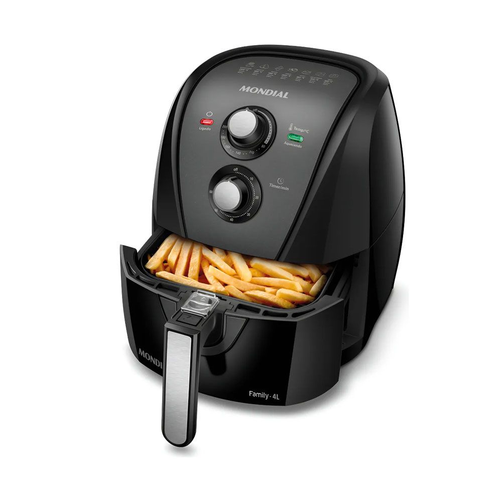 Imagem do produto fritadeira sem óleo Mondial com o cesto semi aberto e com batatas fritas dentro