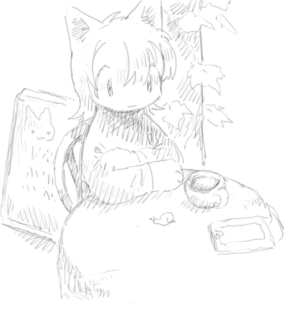 animal person sitting at a cafe table outside with a coffee. Theres a snail on the table. the kitty is watching it