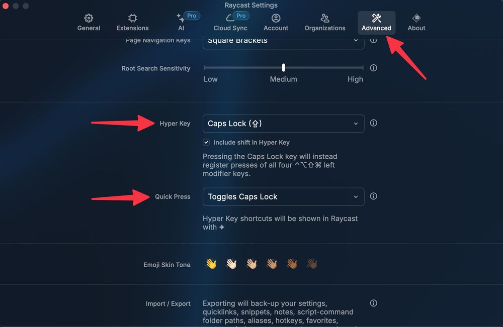 Screenshot of Raycast settings showing how to activate the hyper key feature