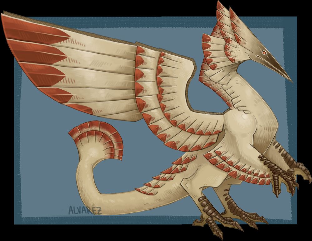 a drawing of a feathered dragon bird thing with wings, two feathery arms and a long tail ending in fan-shaped plumage. his beak is shark and dark and he has small, piercing orange eyes. the rest of his body is a sandy color, rendered in a way that evokes soft feathers. his wings and the more significant feathers on his body are tipped with red chevrons. he stands against a basic blue background. 