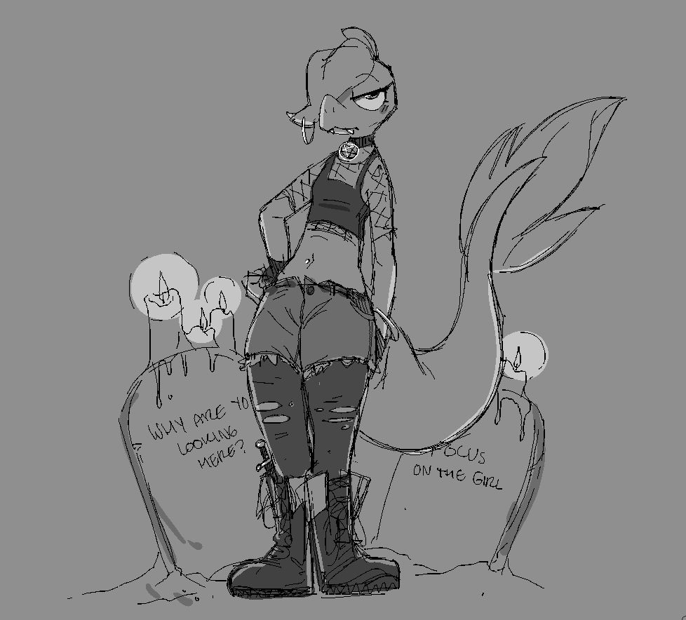 a greyscale drawing with scratchy lines of an anthropomorphic snivy (a snake pokemon) standing while leaning back. her heels are together and her right hand is on her hip. she gives the camera an unimpressed look, with her one exposed eye half-lidded beneath a raised brow. her other eye is covered by a leaf that acts as a goth haircut. she wears a cropped tank with a mesh shirt beneath, frayed jean shorts, torn up black tights and a pair of black boots that have been folded down. a knife is nestled into her right boot. behind her, she is flanked by two gravestones that mock the viewer for looking at them instead of the goth girl on display. they read "Why are you looking here?" and "Focus on the girl" respectively. they are topped with melting candles. 