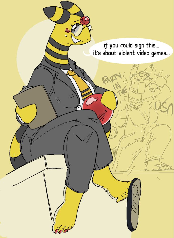 a busty ampharos (a giraffe... sheep... pokemon thing) sits on the corner of an office desk dressed in officewear; a blazer, white button down, tie, and slacks. she holds a clipboard and offers it to the viewer, looking a little shy about asking them to sign it. her dialogue reads, "if you could sign this... it's about violent video games..." one of her feet is bare, while the other has her slip-on shoe dangling off her big toe. behind her, in low opacity, the same character can be seen with one foot up on the table belting out Party In The USA by Miley Cyrus at what seems to be a karaoke bar. she's more disheveled, missing her blazer, with her shirt untucked and her sleeves rolled up.