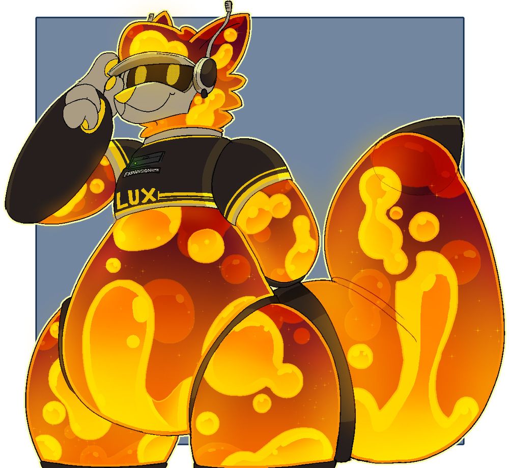 an anthropomorphic dog made out of round shapes. his joints, the tip and base of his long tail, his forearms, and his cropped t-shirt are all made of dark metal. everything else stylized like a reddish orange lava lamp that seems to be very rubbery. he has a visor on with a headset attached.