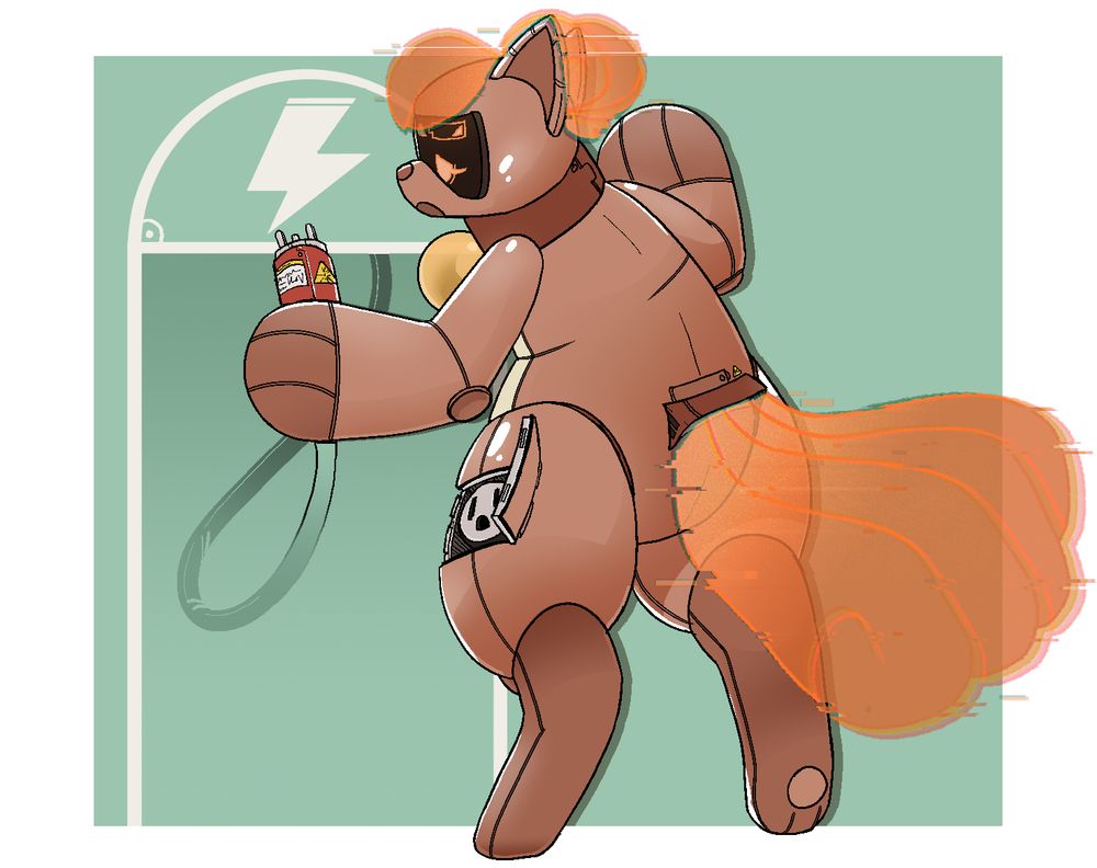 a robot vulpix (a orange fox like pokemon) stands slouching with one of her large paws against a wall. she appears exhausted, with a low battery icon visible on her face visor. in her other paw, she holds an enormous plug with large warning labels all over it, intent on plugging it into the socket in her thigh. in keeping with her low power, the holograms making up her hair and tail are wavering, flickering and distorting. 