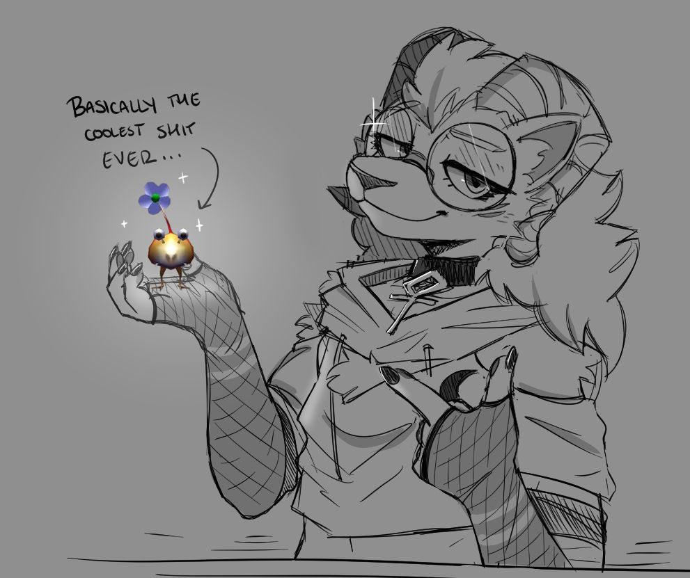 a drawing of an anthro feline furry with ram horns wearing a cutoff hoodie, elbow length fishnet gloves, a collar with an ankh, and large circular glasses. their head is tilted inquisitively, with one brow raised. however, with eyes half shut and a self assured smile, they seem to ask the viewer "can you believe this?" they point to their other hand, and in it sits a Bulbmin from Pikmin 2, radiating white light and sparkles. it is labeled "Basically the coolest shit ever..." 