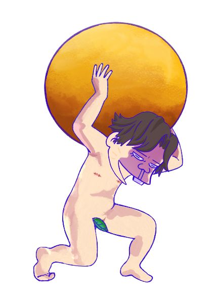 An illustration of a man with a leaf over his crotch holding a heavy orb