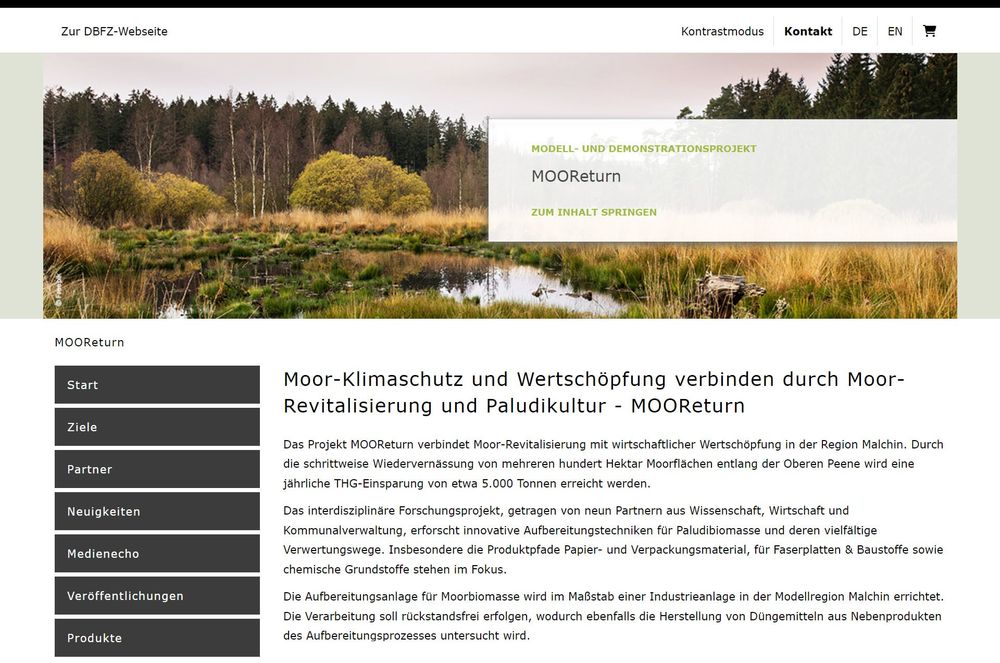 Screenshot der Projektwebseite zum Thema Moor - Klimaschutz und Wertschöpfung verbinden durch Moor-Revitalisierung und Paludikultur