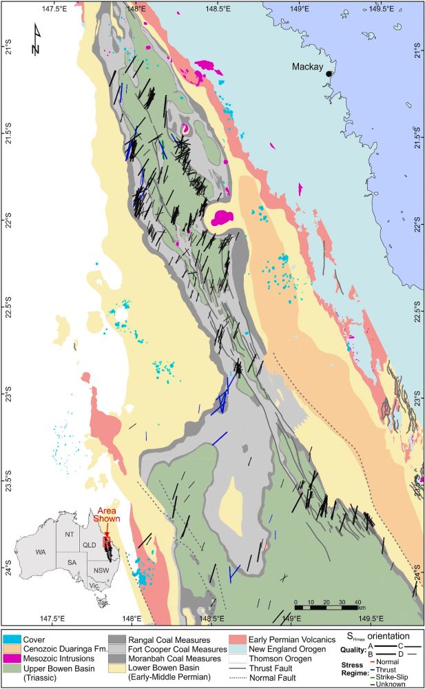Stress map of northern Bowen Basin using 890 quality-ranked orientation of maximum horizontal stresses.
