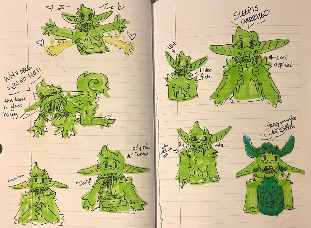 Late night doodles of Dino (my fursona) Words include: LEFT PAGE • “WHY ARE MEN SO HOT” *the closet is glass honey* • “Me when” • *slurp* “ Only eats ramen” • RIGHT PAGE • *Idiot* “I like fish” • “SLEEP IS OVERATED!” *sleep deprived* • “Hehe…” *loki edit on tiktok* • “Okay maybe I like Stitch”