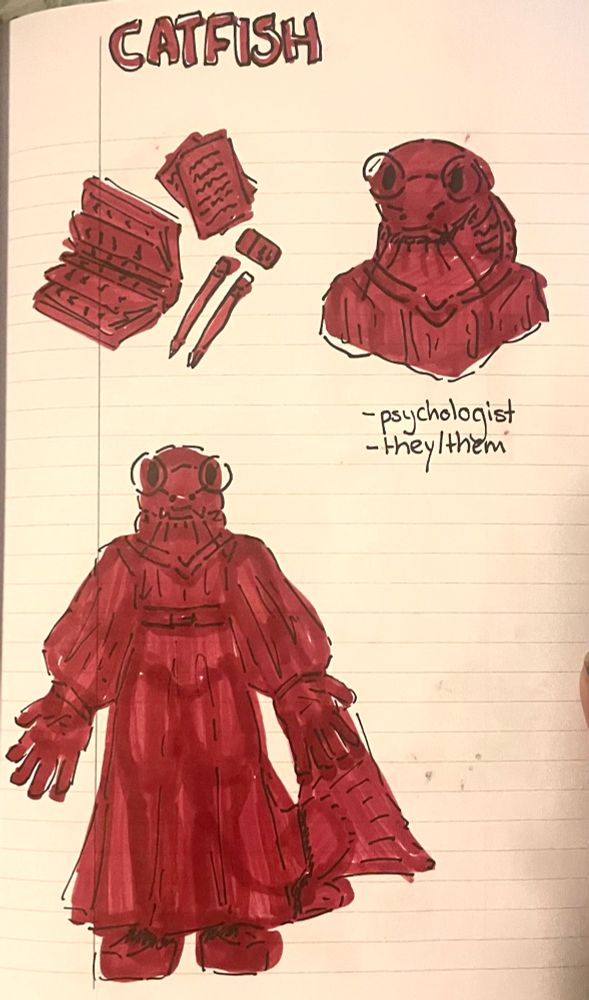Catfish oc who is a psychologist. Words include -psychologist -they/them.