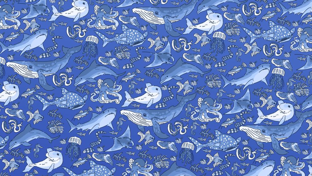 A pattern drawing of marine creatures including; whale, beluga, shark, dolphin, ray, octopus, sea bunny, catfish, jellyfish, cuttlefish, snowflake moray eel, ribbon eel, leafy sea dragon, seahorse, goldfish, lionfish, and some other fish.