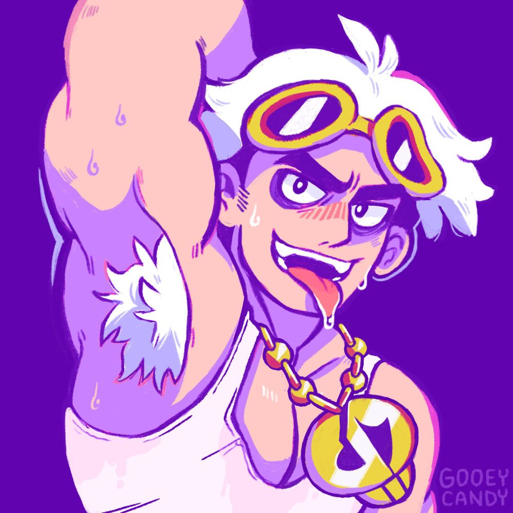 Guzma raising his arm and showing off his sweaty white armpit hair. He is smiling with his tongue out. He is in front of a purple background.