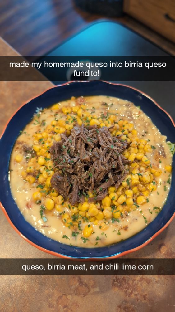 a food picture reading "made my homemade queso into birria queso fundido. question, borrow meat, and chili lime corn"