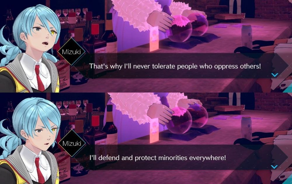 Screenshot from "AI: The Somnium Files" showing a character saying:
"That's why I'll never tolerate people who oppress others!
I'll defend and protect minorities everywhere!"