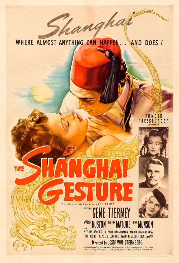 Poster for The film. Victor Mature in a few in a hot clinch with Gene Tierney. Tagline reads:
Shanghai
where almost anything can happen... and does