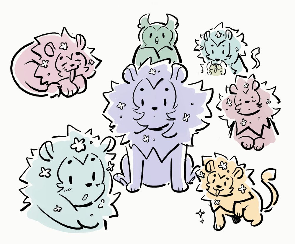 Numerous sketches all colored in rainbow of a silly lion with flower buds in their mane. Seems like they have a cute little owl friend, too.