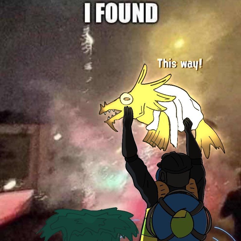 A drawover of a meme of a guy holding a giant fish up in a blurry street with the text "I FOUND", except the guy is a Salmon Run worker from Splatoon, and the fish is a Goldie from the same series. The text "This Way!" is also above the Goldie, and a gusher spews from the middle of the street.