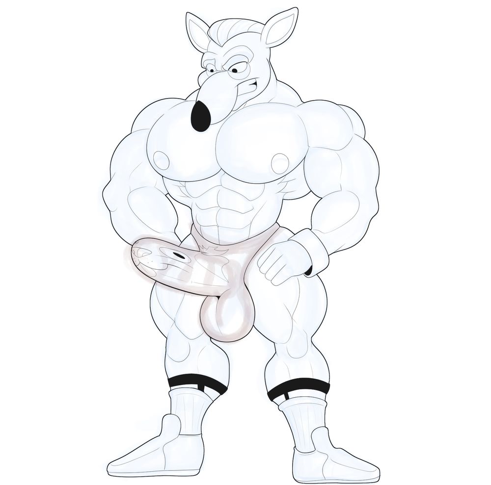 A buff Pinstripe Potoroo stretching out Silver, transformed into a jockstrap, with his big dick.