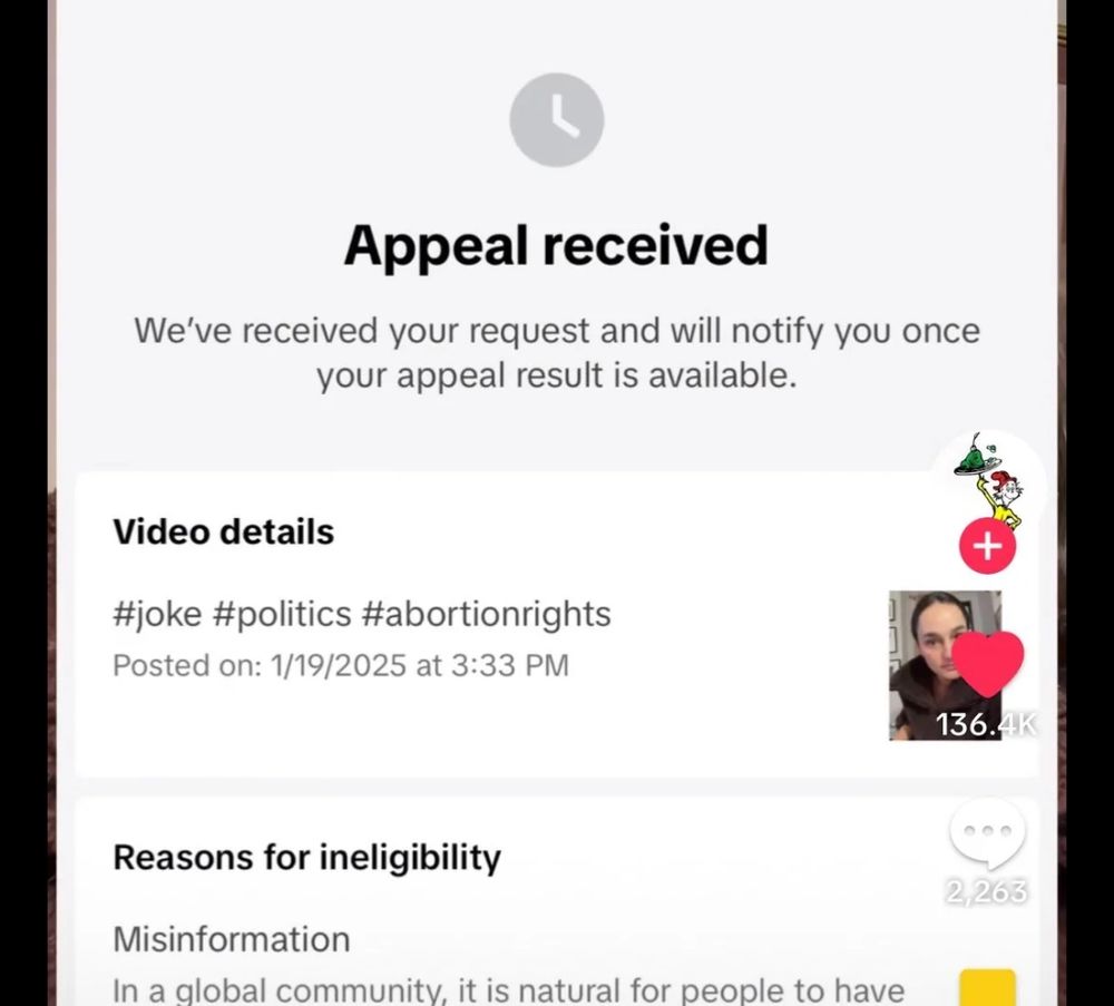 A screenshot of a tiktok appeal form after a video is removed for being tagged #abortionrights