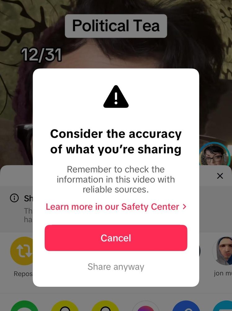 A screenshot of TikTok flagging a political video as possibly innacurate