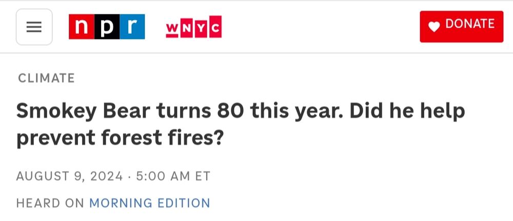 NPR headline, "Smokey Bear turns 80 this year. Did he help prevent forest fires?"