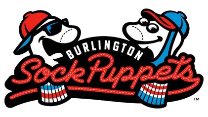 Burlington Sock Puppets (Appalachian league baseball team) logo featuring the name of the team and two sock puppet characters: one regular sock wearing a backwards baseball hat and sunglasses, and the other a stirrup sock wearing a forwards facing baseball hat. 