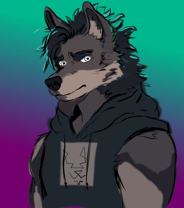 Digital sketch of a gray werewolf character with a shaggy mane of black hair. He has pale eyes, a thoughtful expression, and wears a sleeveless hoodie with a simple wolf face design on the chest. The background is a gradient of teal fading into purple.