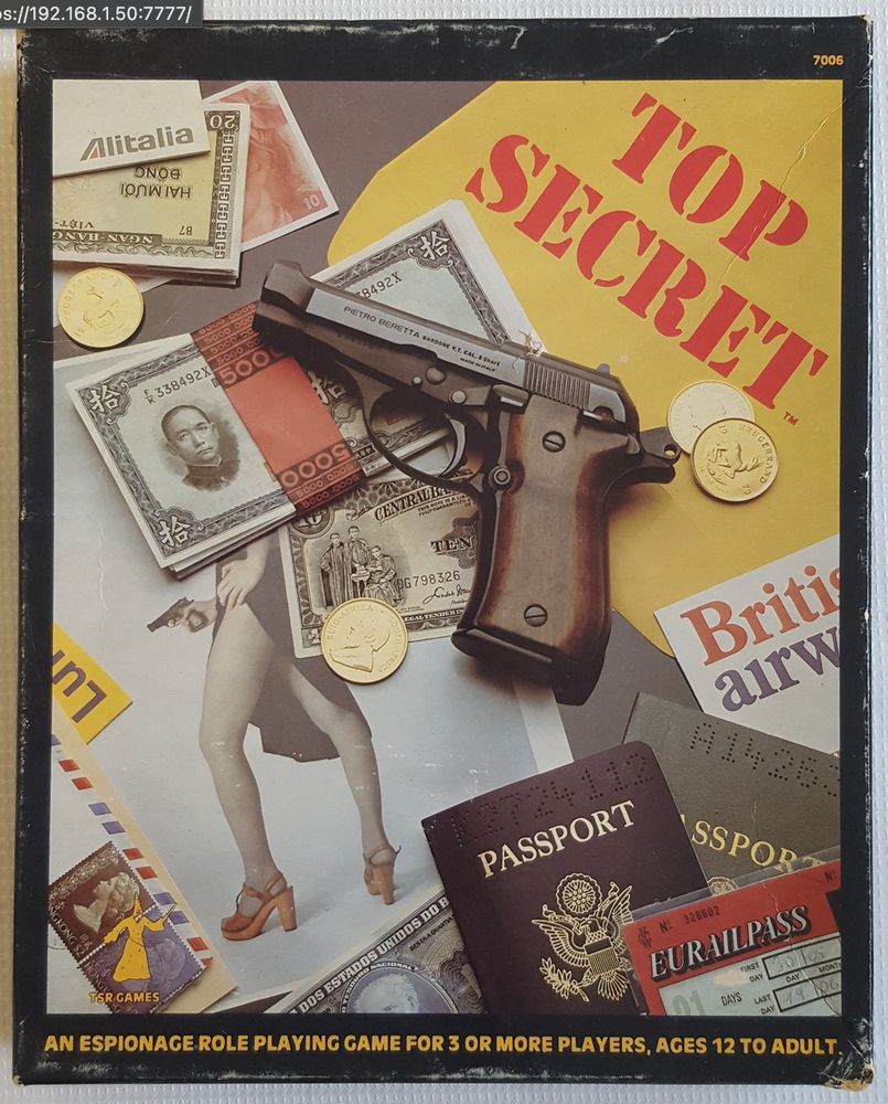 Cover photo of the box of Top Secret rpg by TSR, hand gun, passports, foreign currency and airline tickets along with folder stamped Top Secret.