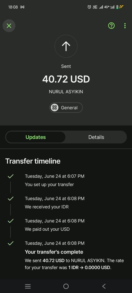 Screenshot of the 40.72 USD received on Wise by najungiesims on June 24th