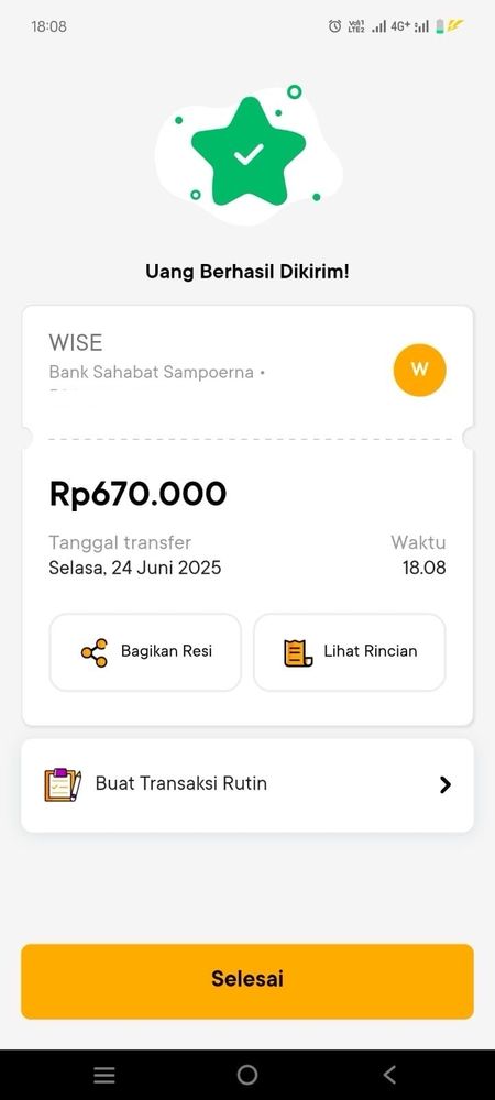 Screenshot of a transfer of Rp670.000 from the Shopeepay Indonesia account to najungiesims' Wise account made on June 24th 2025