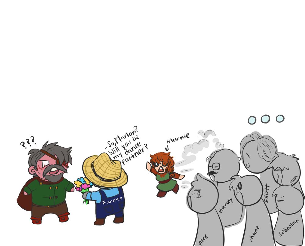 Stardew Valley farmer decides to ask Marlon to the spring dance rather than the six bachelors who rejected the farmer last spring. 