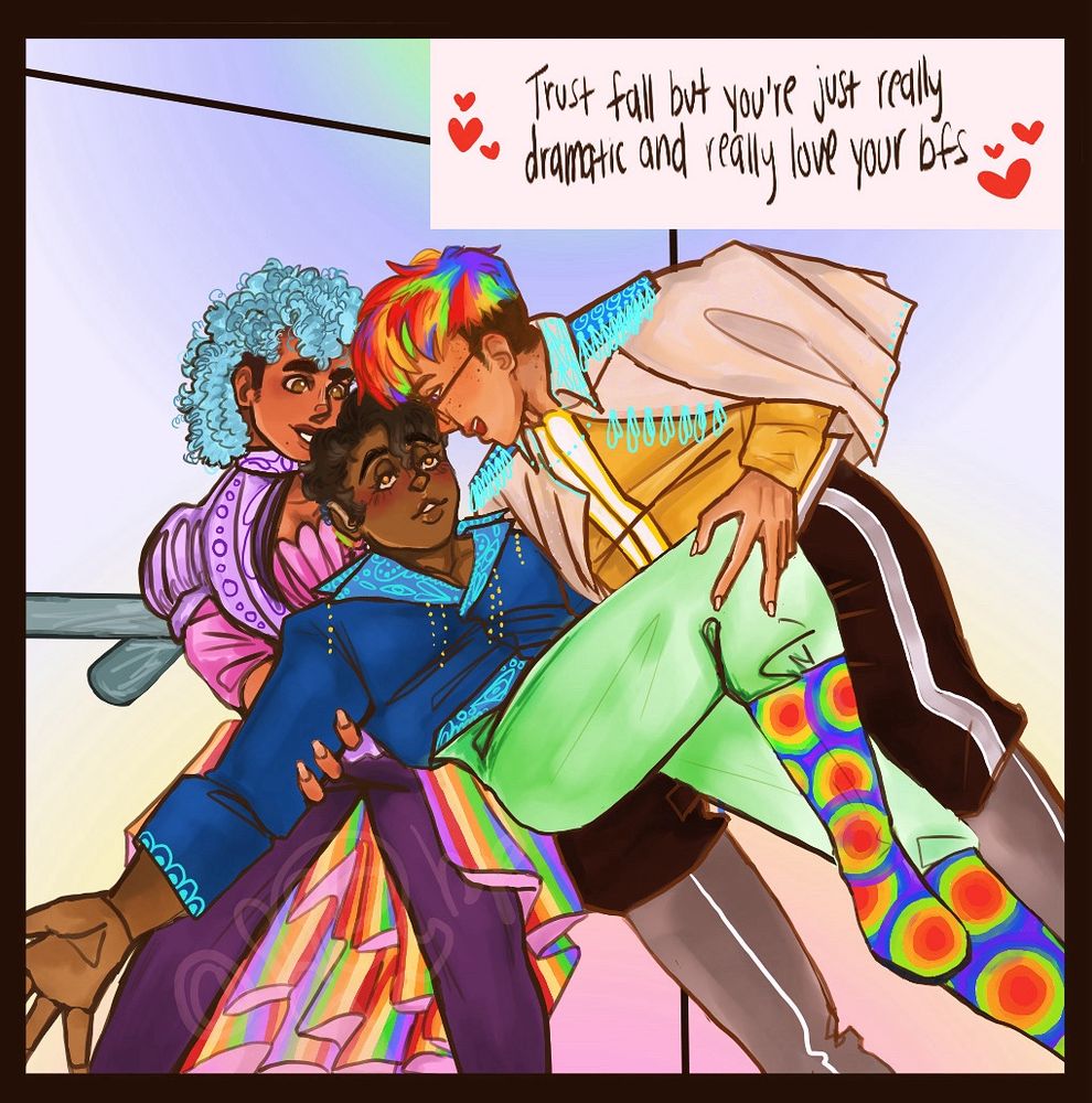 A polysexual throuple dancing dramatically in an elevator together. The second tallest of the throuple forces himself to fall back so his partners can catch him. They love each other.