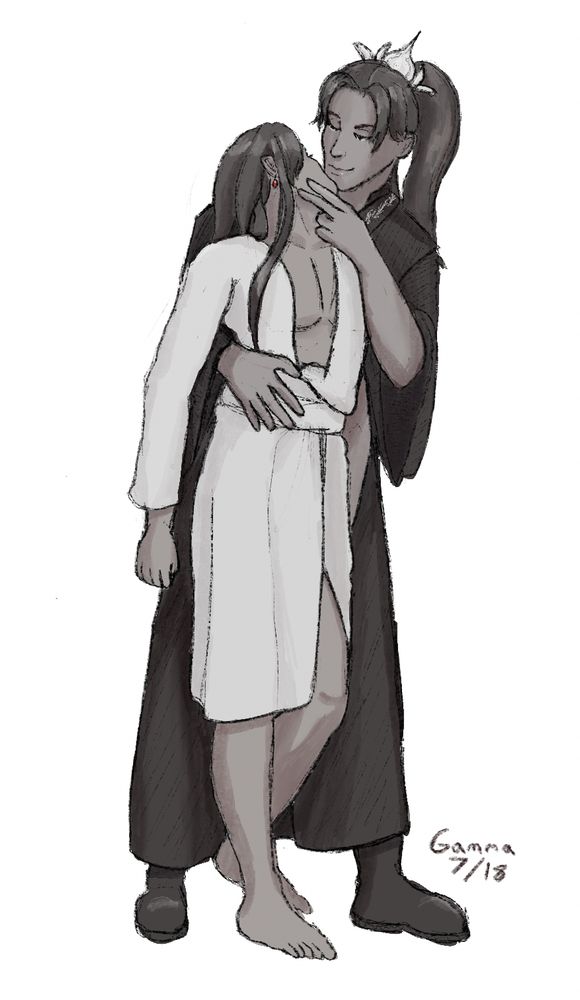 Taxian Jun holds consort chu from behind, tilting his chin up for him to look at him
