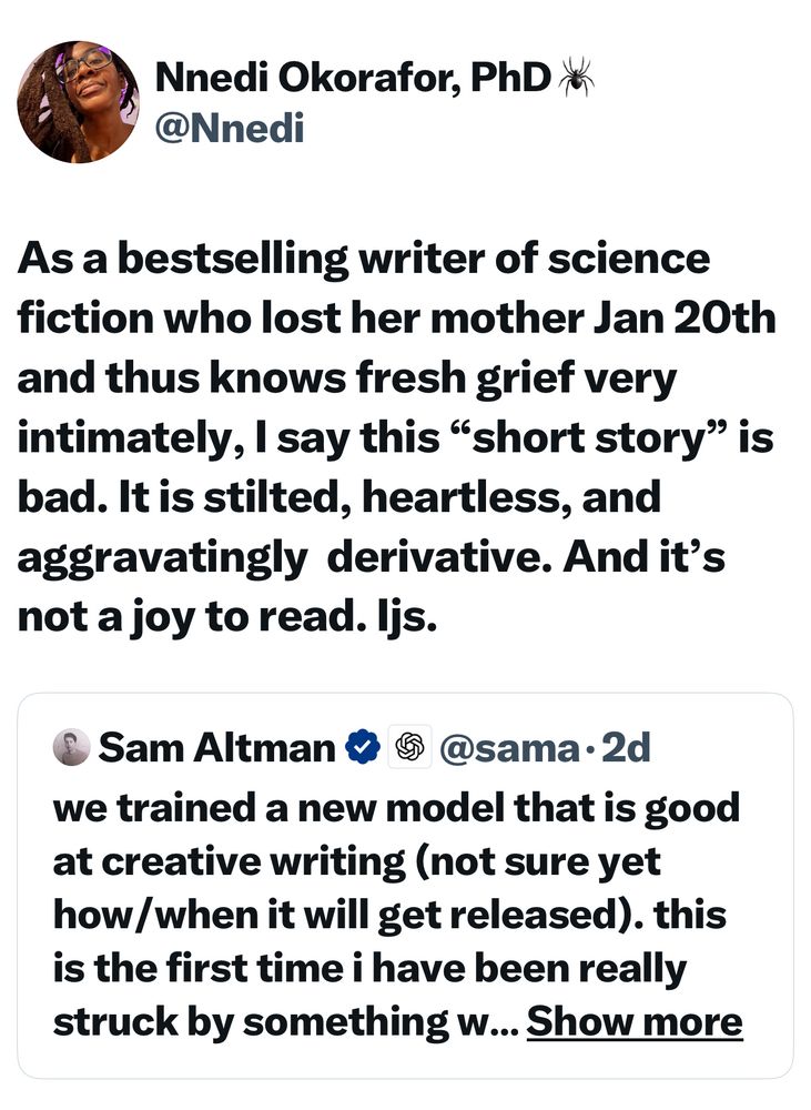 As a bestselling writer of science fiction who lost her mother Jan 20th and thus knows fresh grief very intimately, I say this “short story” is bad. It is stilted, heartless, and aggravatingly  derivative. And it’s not a joy to read. Ijs.